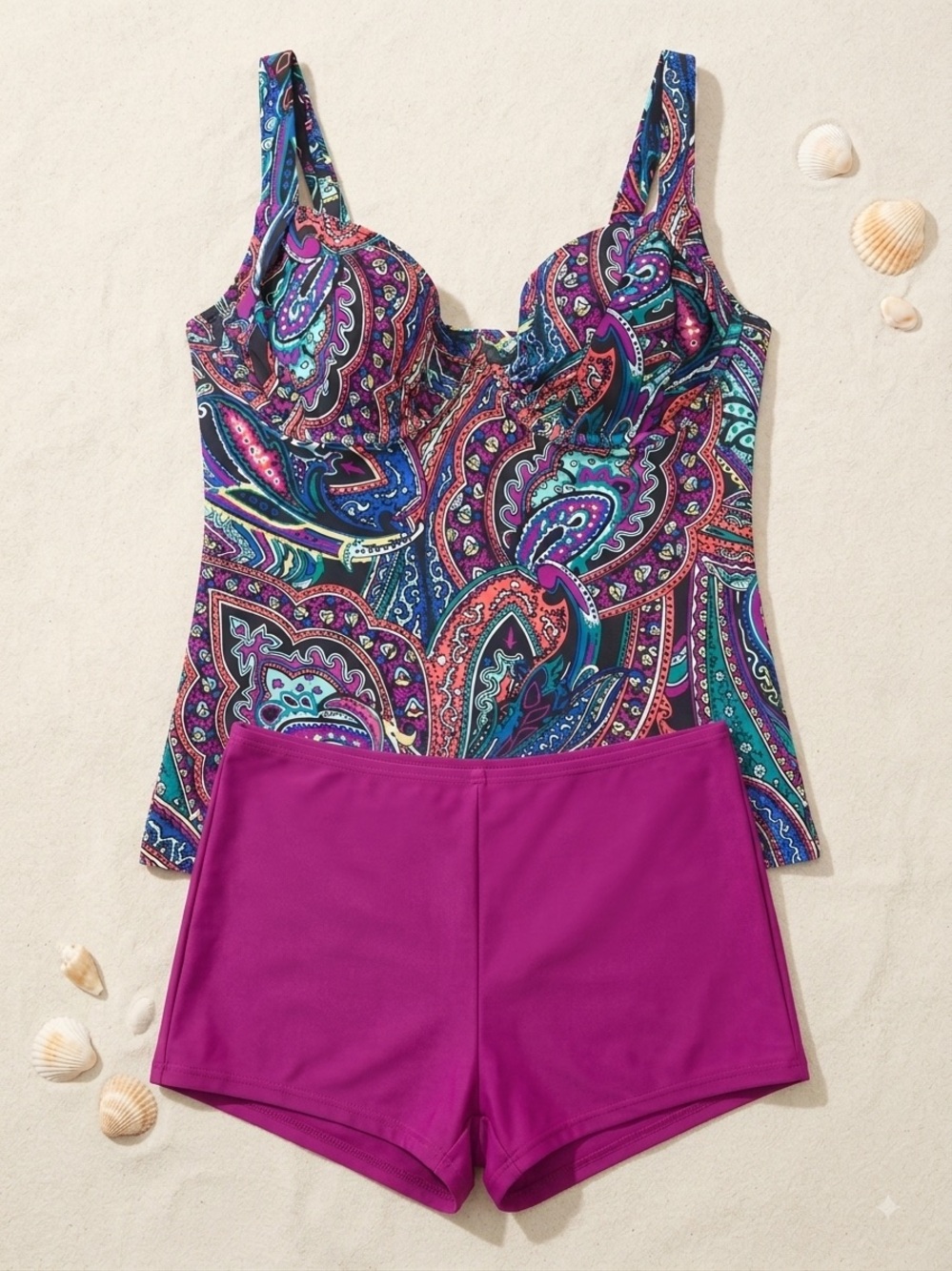 Title Nine Multicolor Paisley Tankini Top - Blue, Purple, Teal, Pink, Coral